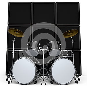 Set of realistic drums with metal cymbals or drumset and amplifier on white