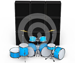 Set of realistic drums with metal cymbals or drumset and amplifier on white