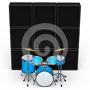 Set of realistic drums with metal cymbals or drumset and amplifier on white