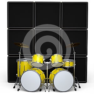 Set of realistic drums with metal cymbals or drumset and amplifier on white