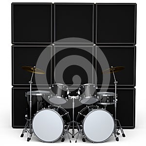 Set of realistic drums with metal cymbals or drumset and amplifier on white