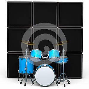 Set of realistic drums with metal cymbals or drumset and amplifier on white