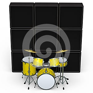 Set of realistic drums with metal cymbals or drumset and amplifier on white