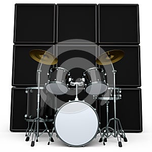 Set of realistic drums with metal cymbals or drumset and amplifier on white