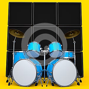 Set of realistic drums with metal cymbals or drumset and amplifier on yellow