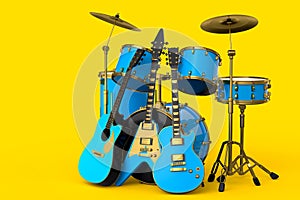 Set of realistic drums with metal cymbals on stand and acoustic guitars
