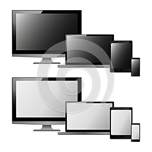 Set of realistic electronic technology devices with empty black and white screen. Laptop, monitor, tablet, mobile phone, smartphon