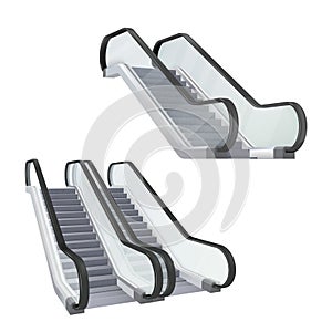 Set of realistic escalator stairway electronic equipment vector illustration. Moving ramp stairs