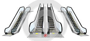 Set of realistic escalator stairway isolated or speed stairway airport or electronic stairway equipment.