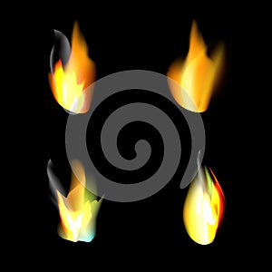 Set of realistic fire flames on black background