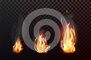 Set of realistic fire flames with transparency isolated on checkered background. Vector illustration