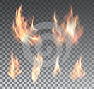 Set of realistic fire flames on transparent