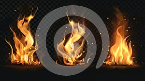 Set of realistic fire, torch flame icons isolated on a transparent background. Burning campfire or candle blaze effect