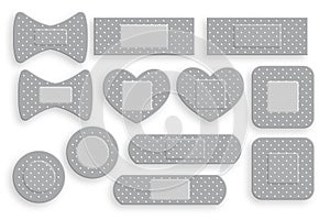 Set of realistic first aid band plaster strip. Elastic bandage patch. Vector illustration isolated on white background.