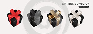 Set of realistic gift boxes in Black Friday colors. 3D glossy boxes, complete with highlights, are isolated for striking