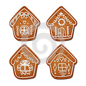 A set of realistic gingerbread houses. Delicious winter pastries. Isolated vector