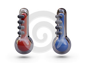 Set of realistic glass thermometers of different colors. Blue and red temperature symbol