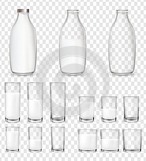 Set of realistic glasses and bottles with a milk