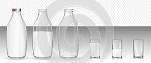 Set of realistic glasses and bottles with a milk