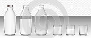 Set of realistic glasses and bottles with a milk.