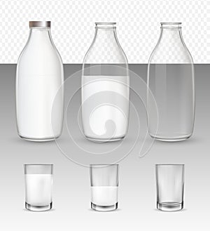 Set of realistic glasses and bottles with a milk.