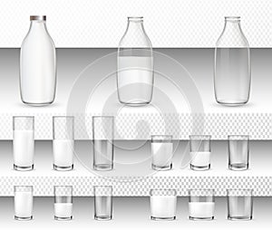 Set of realistic glasses and bottles with a milk.