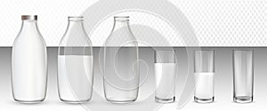 Set of realistic glasses and bottles with a milk.