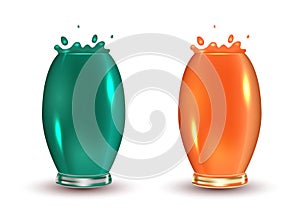 Set of realistic glasses with colorful cocktails and a splash of juice