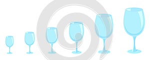 Set of realistic glasses. Scale. Different sizes. Glassware shop. Vector banner infographic. Small to Large.