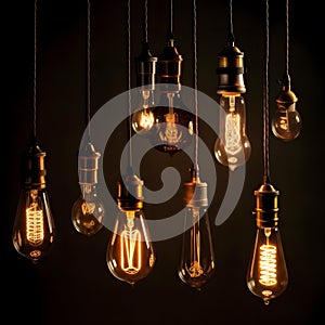 Set of realistic glowing lamp hanging on the wire