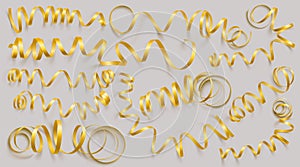 Set of realistic gold ribbons on grey background. Vector illustration. Can be used for greeting card, holidays, banners