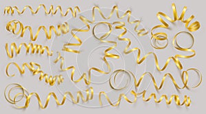 Set of realistic gold ribbons on grey background. Vector illustration. Can be used for greeting card, holidays, banners