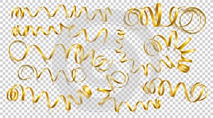 Set of realistic gold ribbons on transparency background. Vector illustration. Can be used for greeting card, holidays