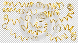 Set of realistic gold ribbons on transparency background. Vector illustration. Can be used for greeting card, holidays