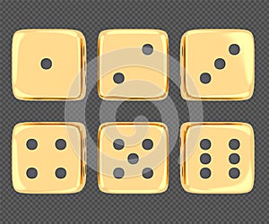 Set of realistic golden dice in different positions isolated on white background with clipping path. Hobbies