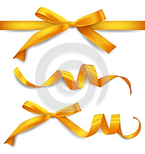 Set of realistic golden ribbons with bows, decoration for gift boxes, design element