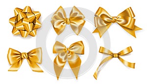 Set of realistic golden ribbons bows, decoration for gift boxes, design element