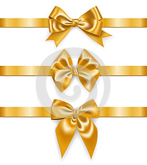 Set of realistic golden ribbons with bows, decoration for gift boxes, design element