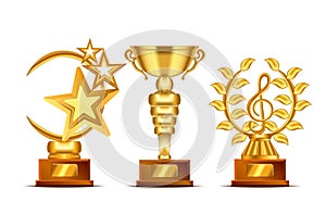 Set of realistic golden, trophy cup or award with text plate for champions. Sport winners cup.