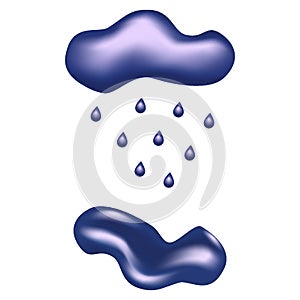 Set of realistic graphic elements, such as cloud, raindrops, puddle. Vector 3d illustration.