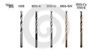 Set realistic hss drill bits HSS. High Speed Steel for working at high speeds. High-alloy metal cutting tools. Tool isolated on