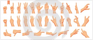 Set of realistic human hands, signs and gestures, figures and finger movements isolated vector illustrations on a white background