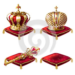 Set of realistic illustrations, golden royal crown icons, royal scepter and red velvet ceremonial pillows