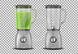 Set of Realistic Juicer blender. Kitchen blender with organic green vegetable juice and empty, drink 3d mixer isolated