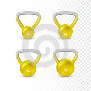 Set of realistic kettlebell. Weight of different kilograms. Equipment for bodybuilding and workout. Vector photo