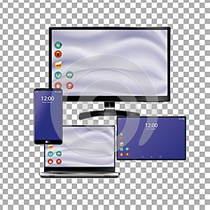 Set of realistic laptop, tablet and mobile phone with empty screen. Isolated on transparent background