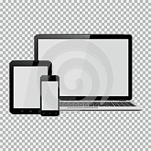 Set of realistic laptop, tablet and mobile phone with empty screen
