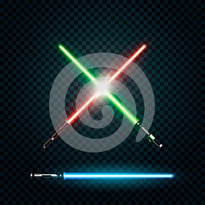 Set of realistic light swords. Crossed sabers. Vector illustration on dark background