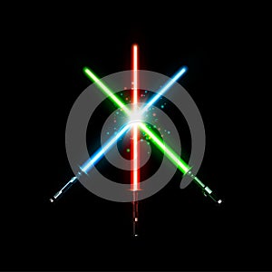 Set of realistic light swords. Crossed sabers. Vector illustration on dark background