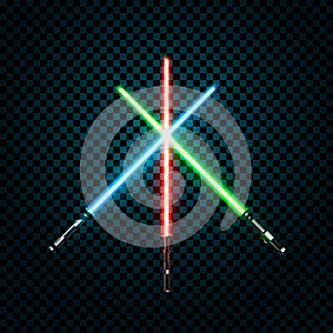 Set of realistic light swords. Crossed sabers. Vector illustration on transparent background